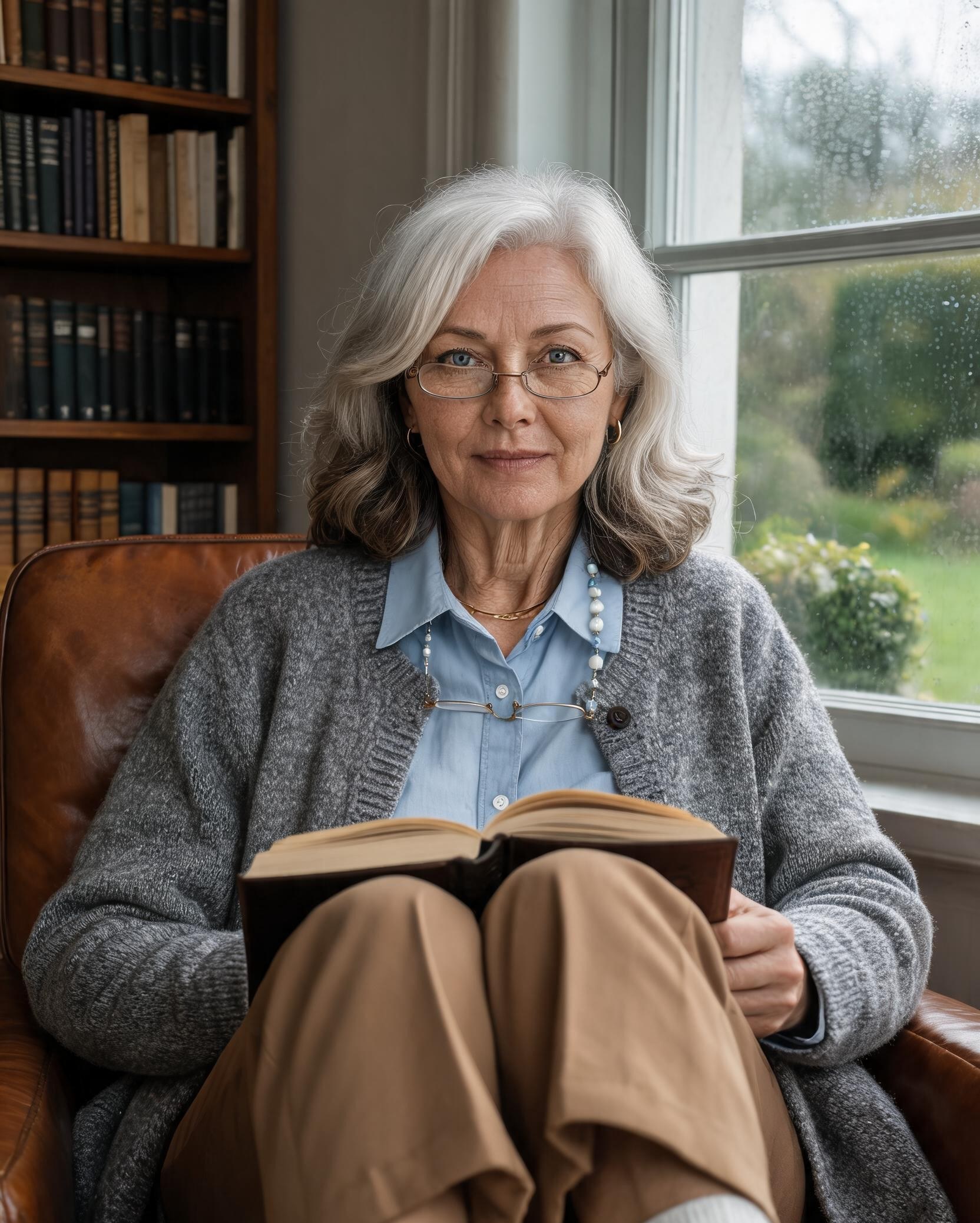 The study, the armchair, the open window on a wet garden