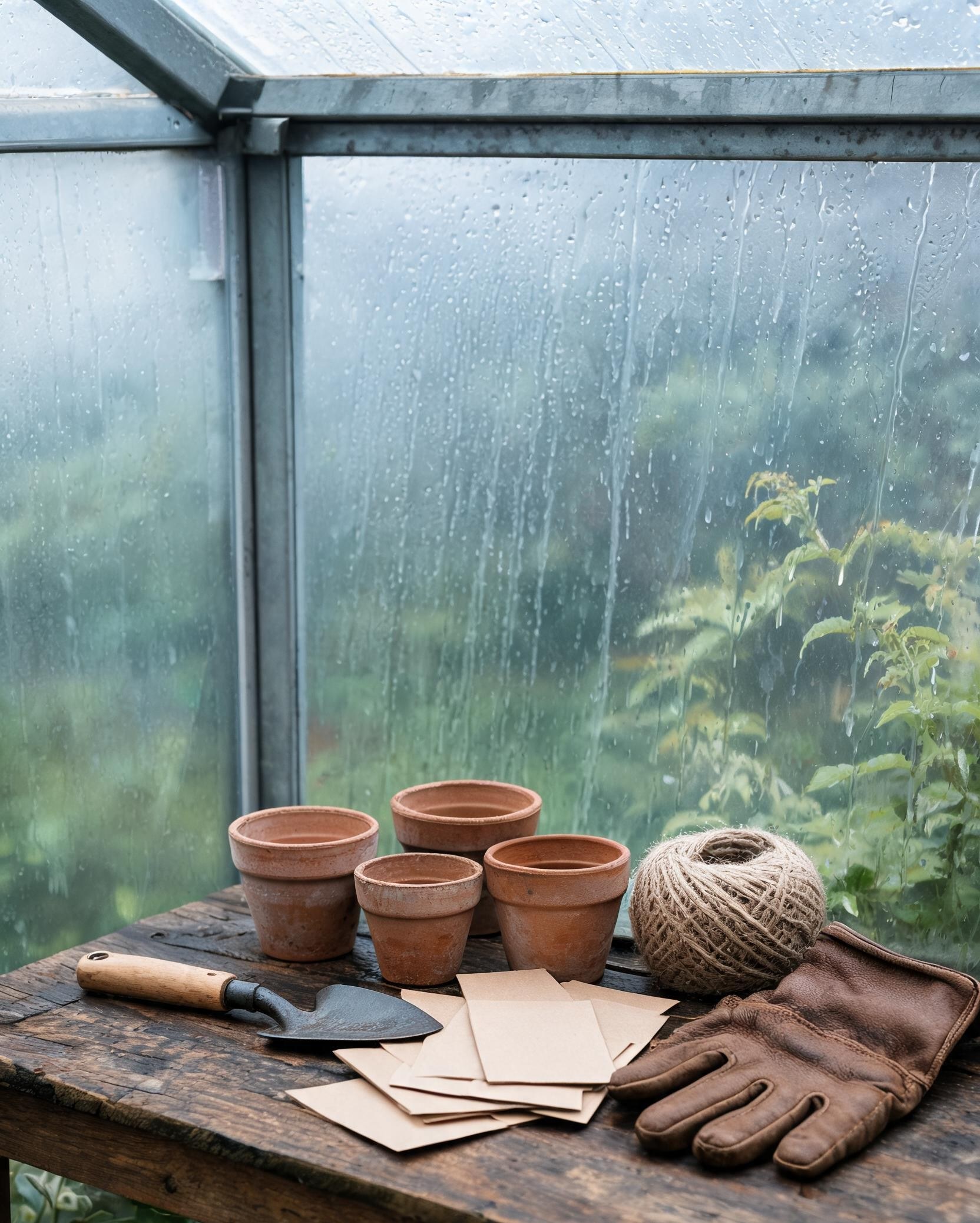 The potting bench under the greenhouse eave, rain on the glass