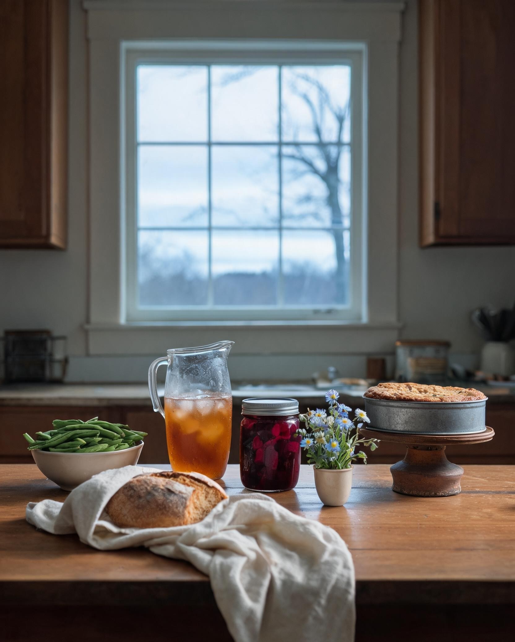 The summer kitchen counter, the peaches, the opened letter