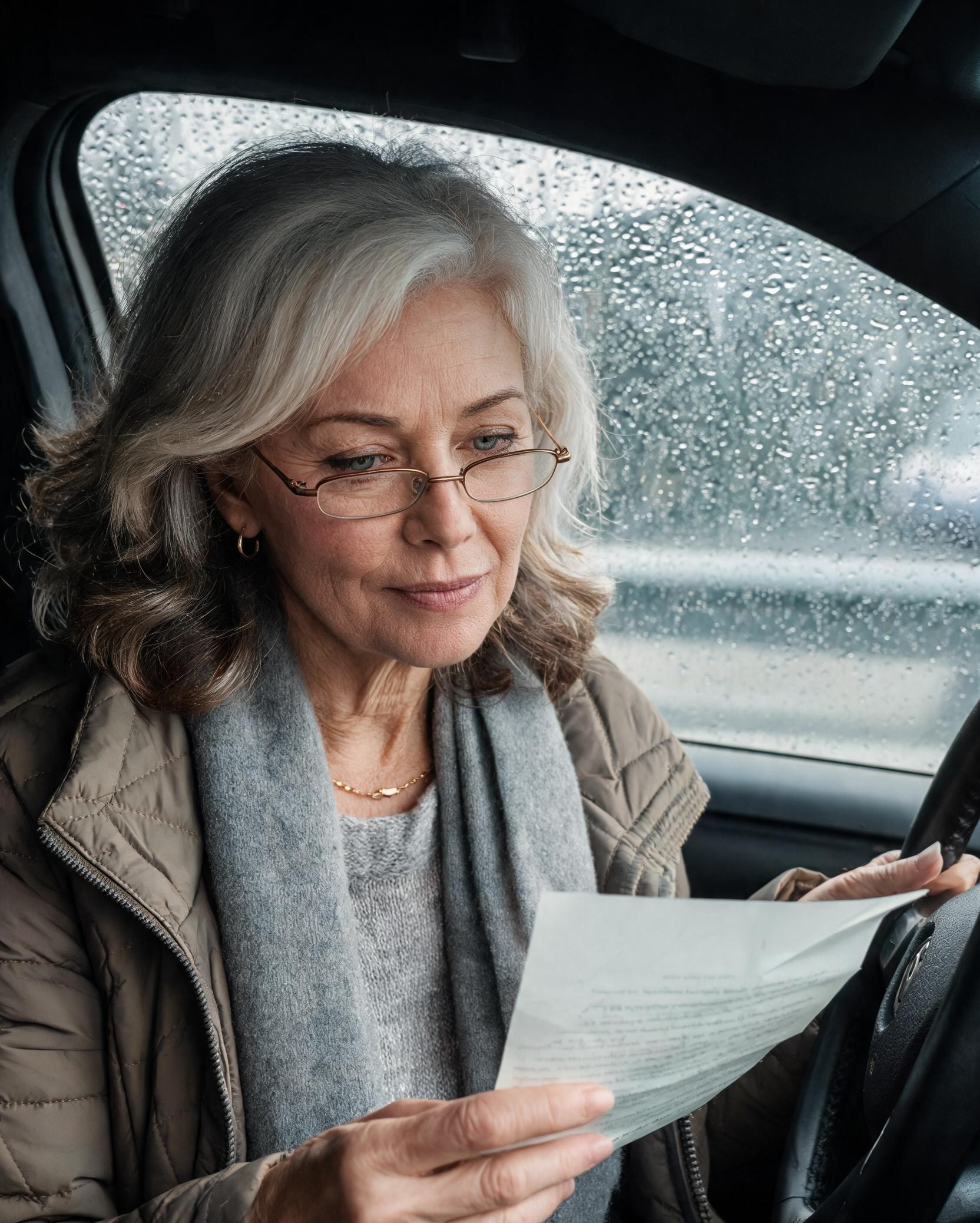 The car in the rain, the letter on the dashboard