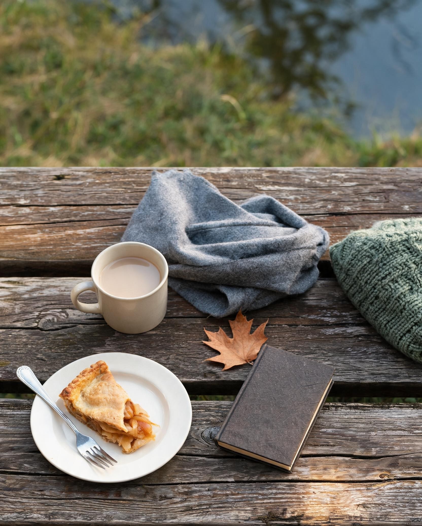 The autumn bench, the tea, the leaves